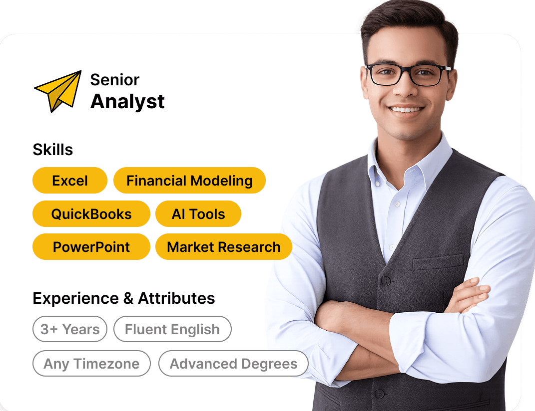 Sample Deal Memo analyst candidate profile: Senior Analyst with skills in Excel, Financial Modeling, QuickBooks, AI Tools, PowerPoint, and Market Research